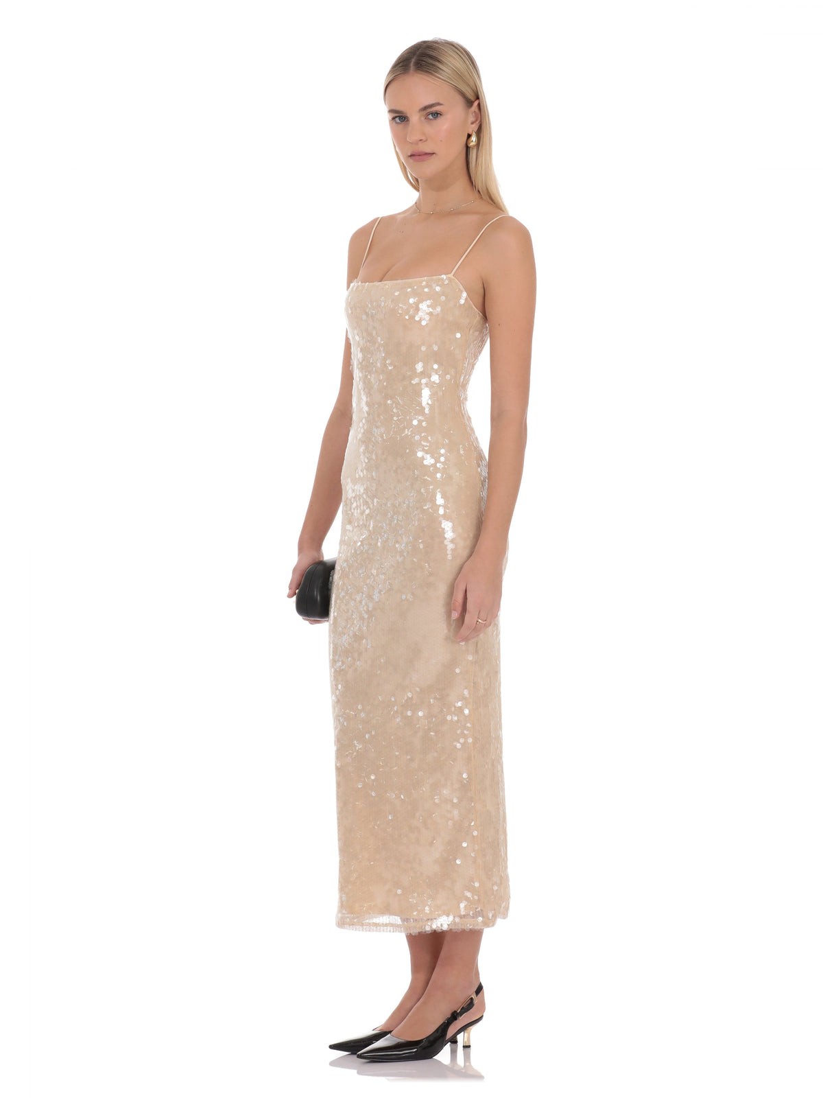 Champagne bridesmaid dress with a-line silhouette and midi length