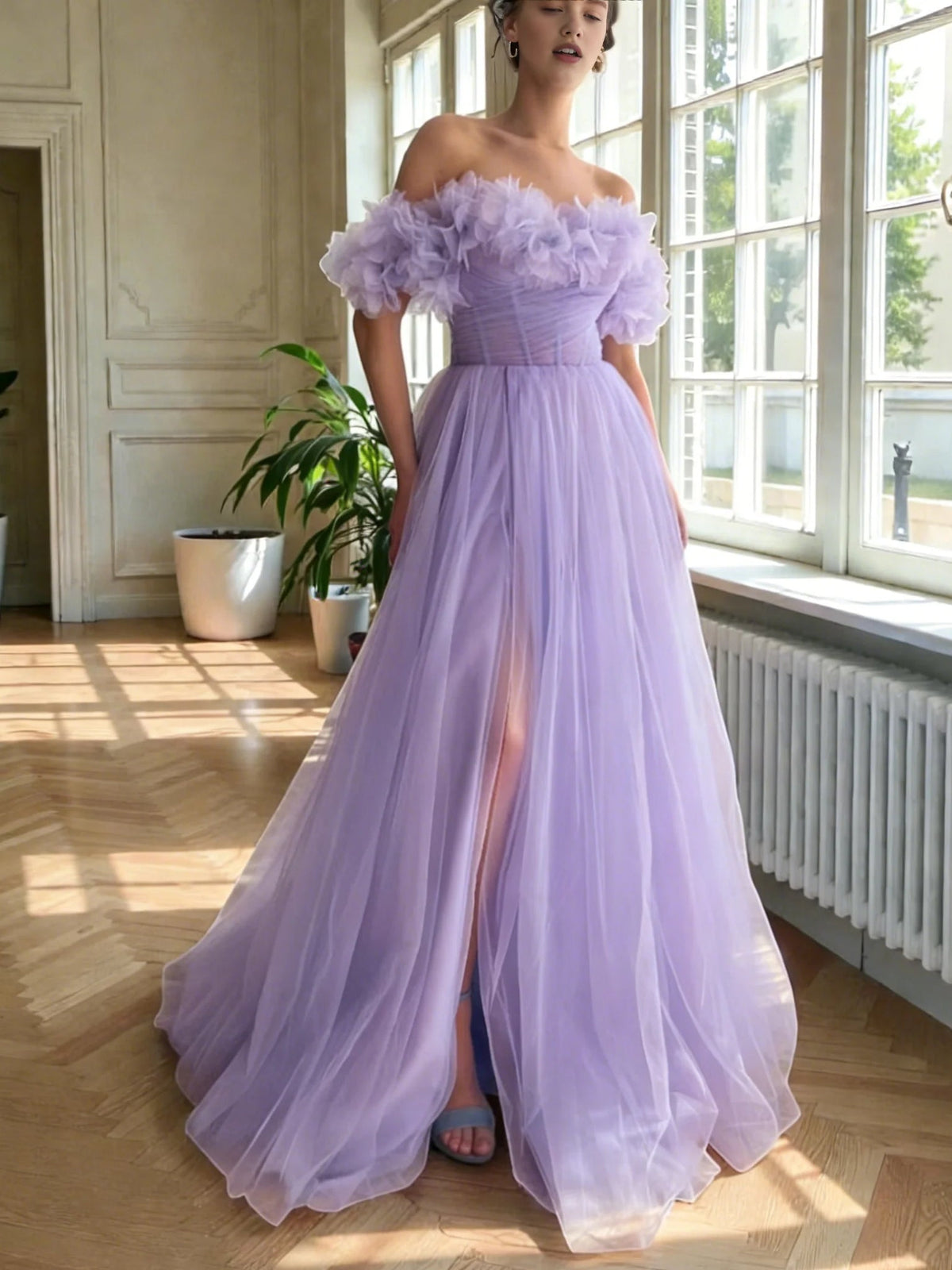 Lilac off-shoulder ball gown with ruffled bodice and side-slit tulle skirt