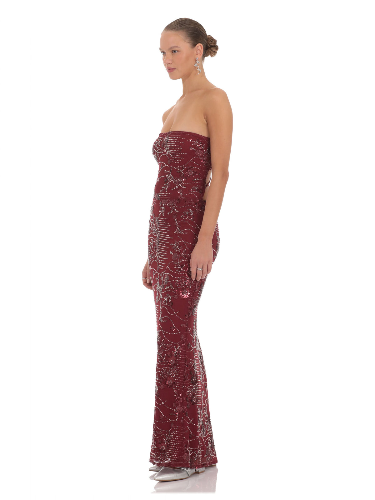 Burgundy bridesmaid dress with a-line silhouette and maxi length