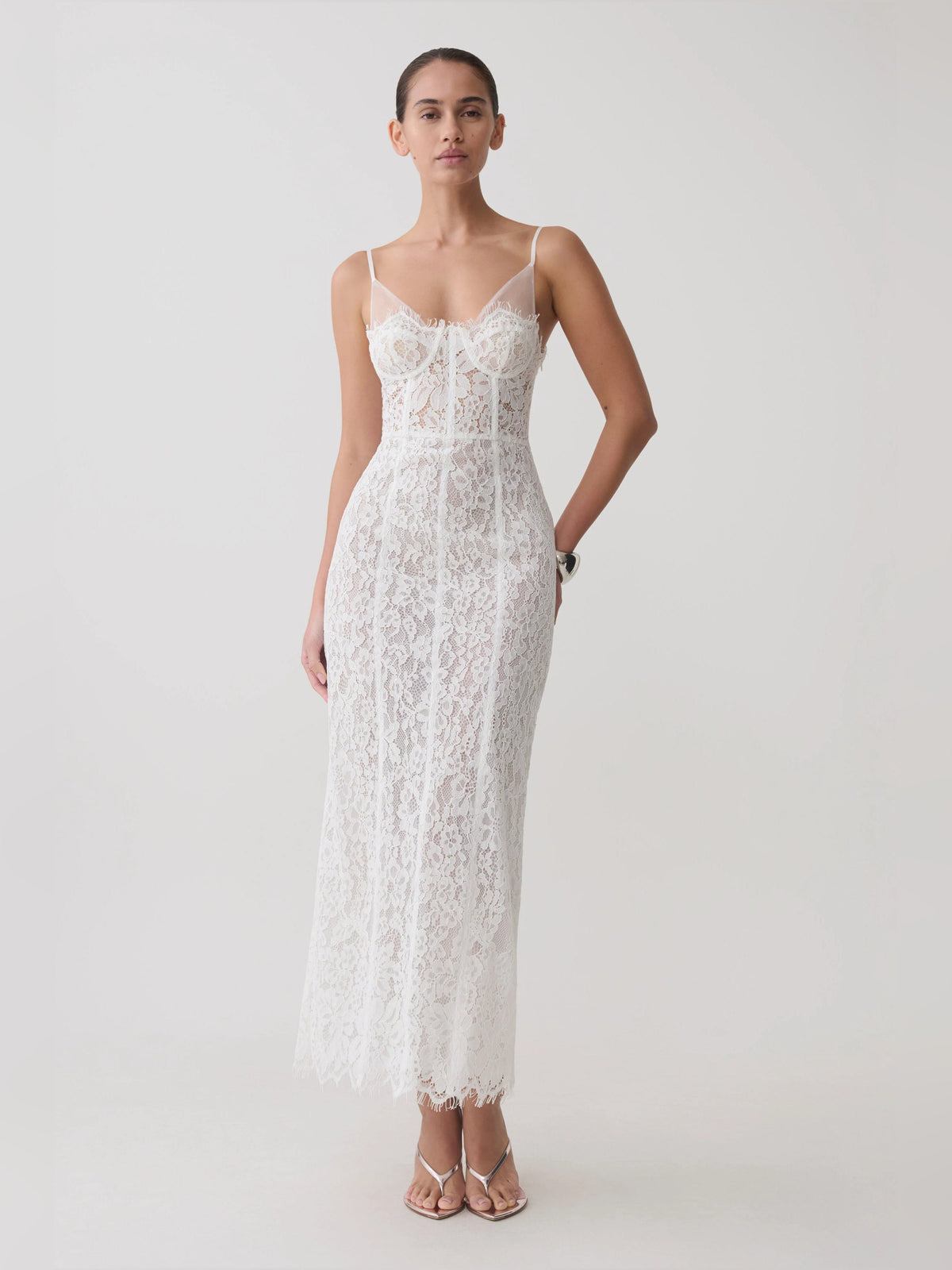 White lace and mesh midi formal dress with spaghetti straps and fitted bodice