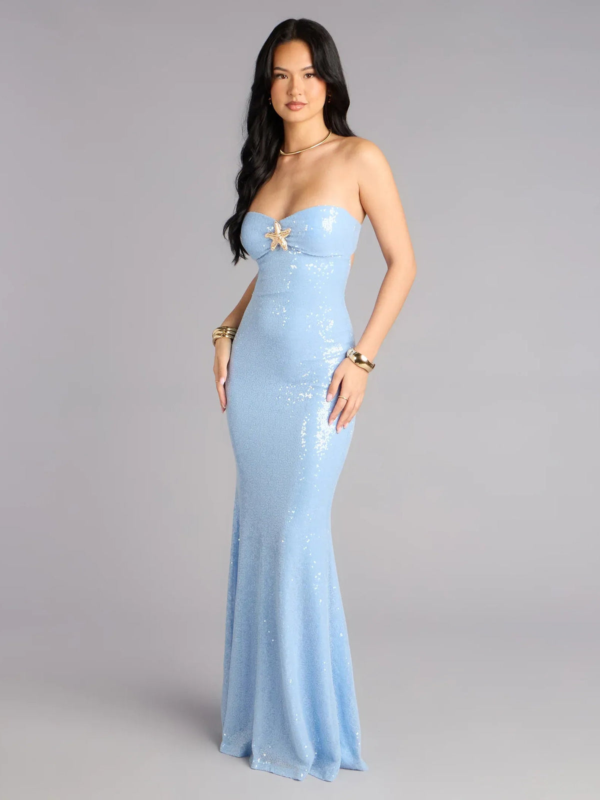 Light blue sequined mermaid formal dress with sweetheart neckline and starfish accent
