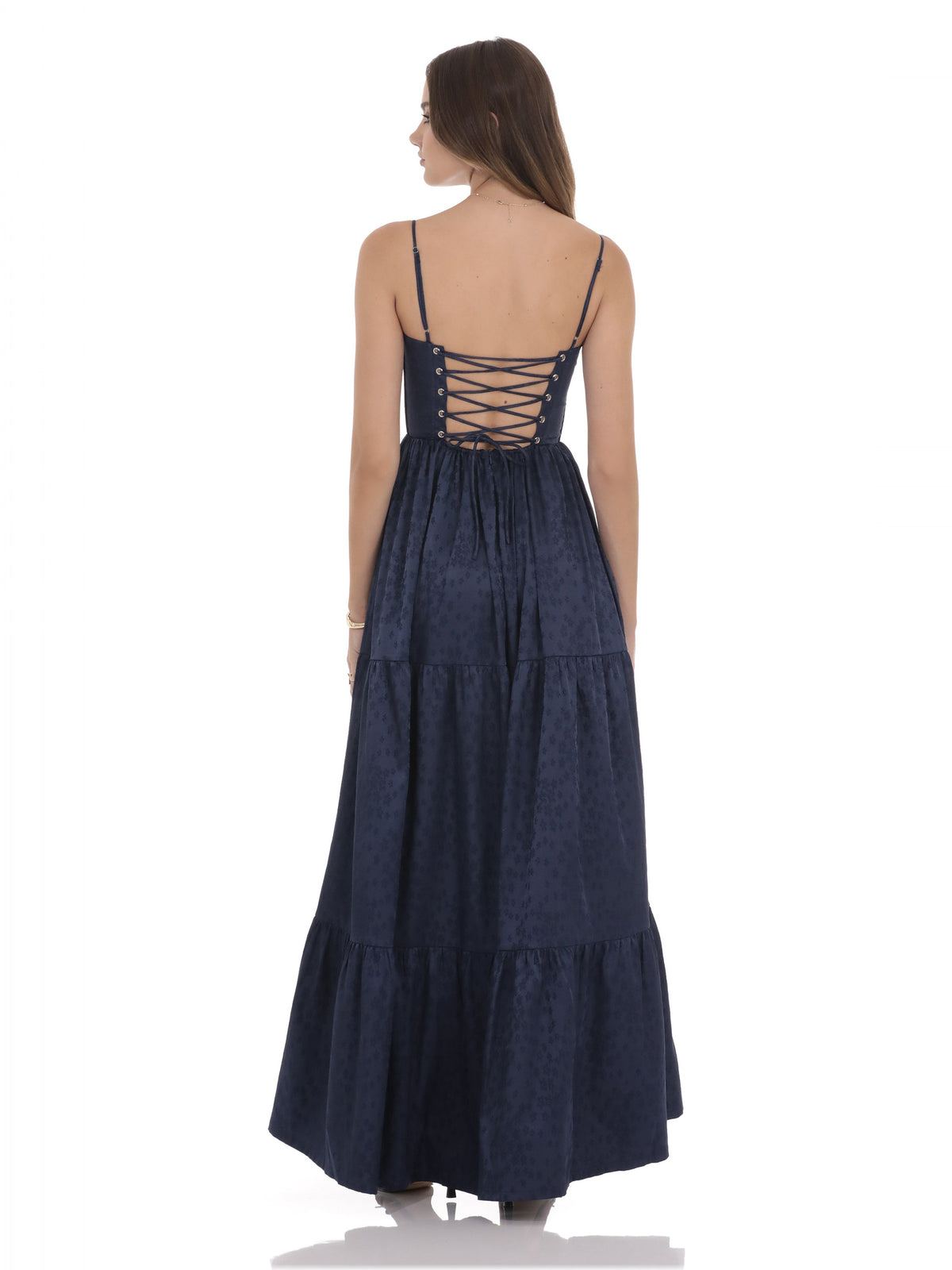 Navy bridesmaid dress with a-line silhouette and maxi length
