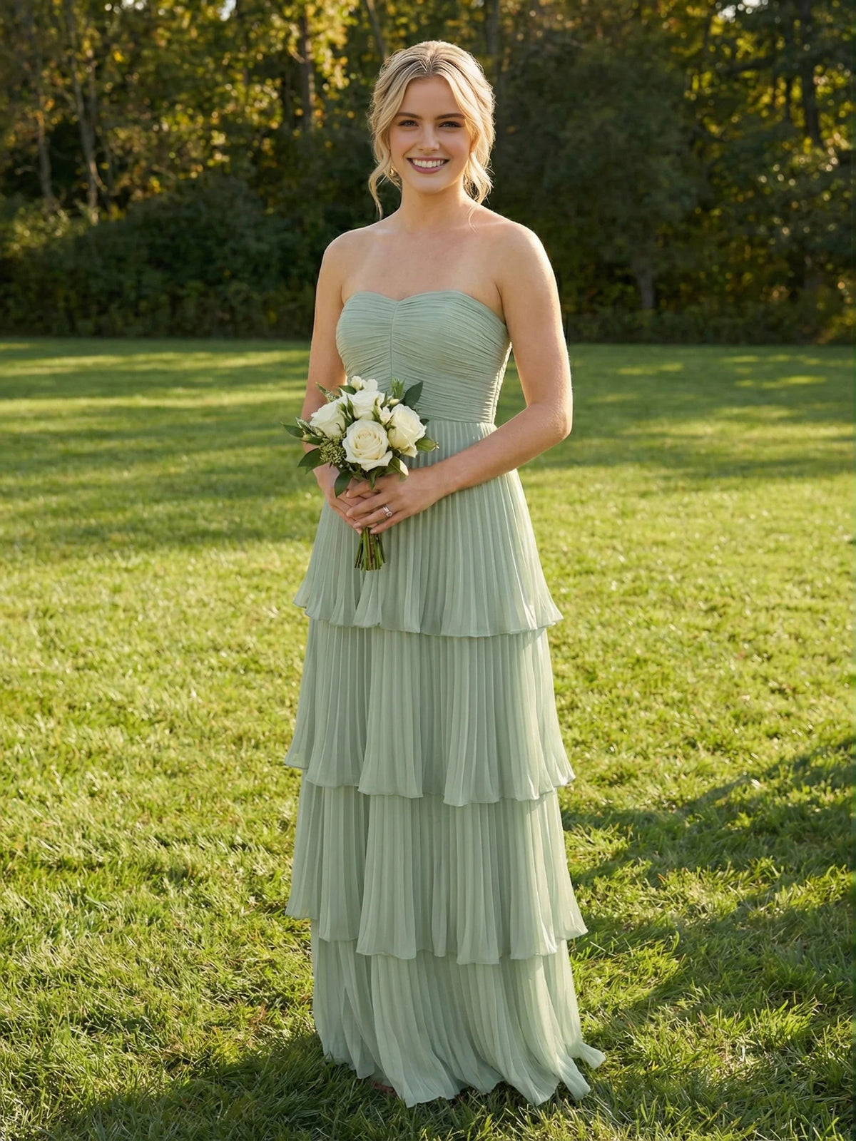 Dusty sage chiffon maxi bridesmaid dress, sweetheart bodice, tiered ruffles.