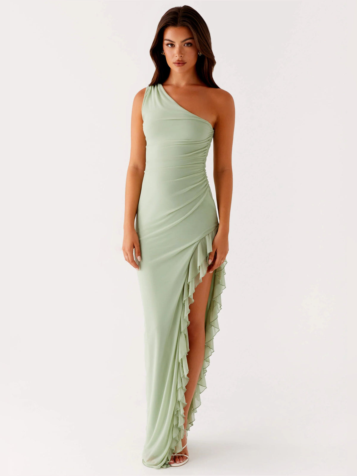 Sage sheath maxi formal dress with one-shoulder neckline, full-length front view