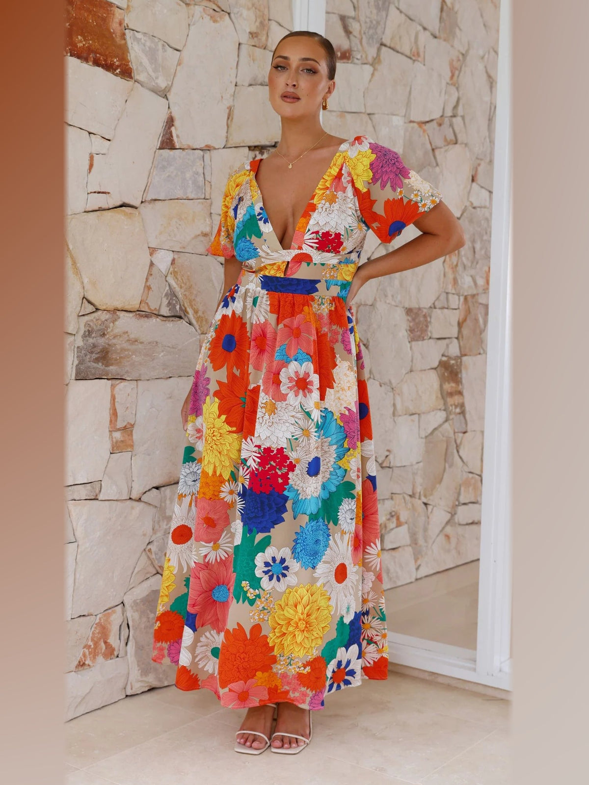 Orange Blue Pink Floral midi formal dress, front full-length view showing the neckline