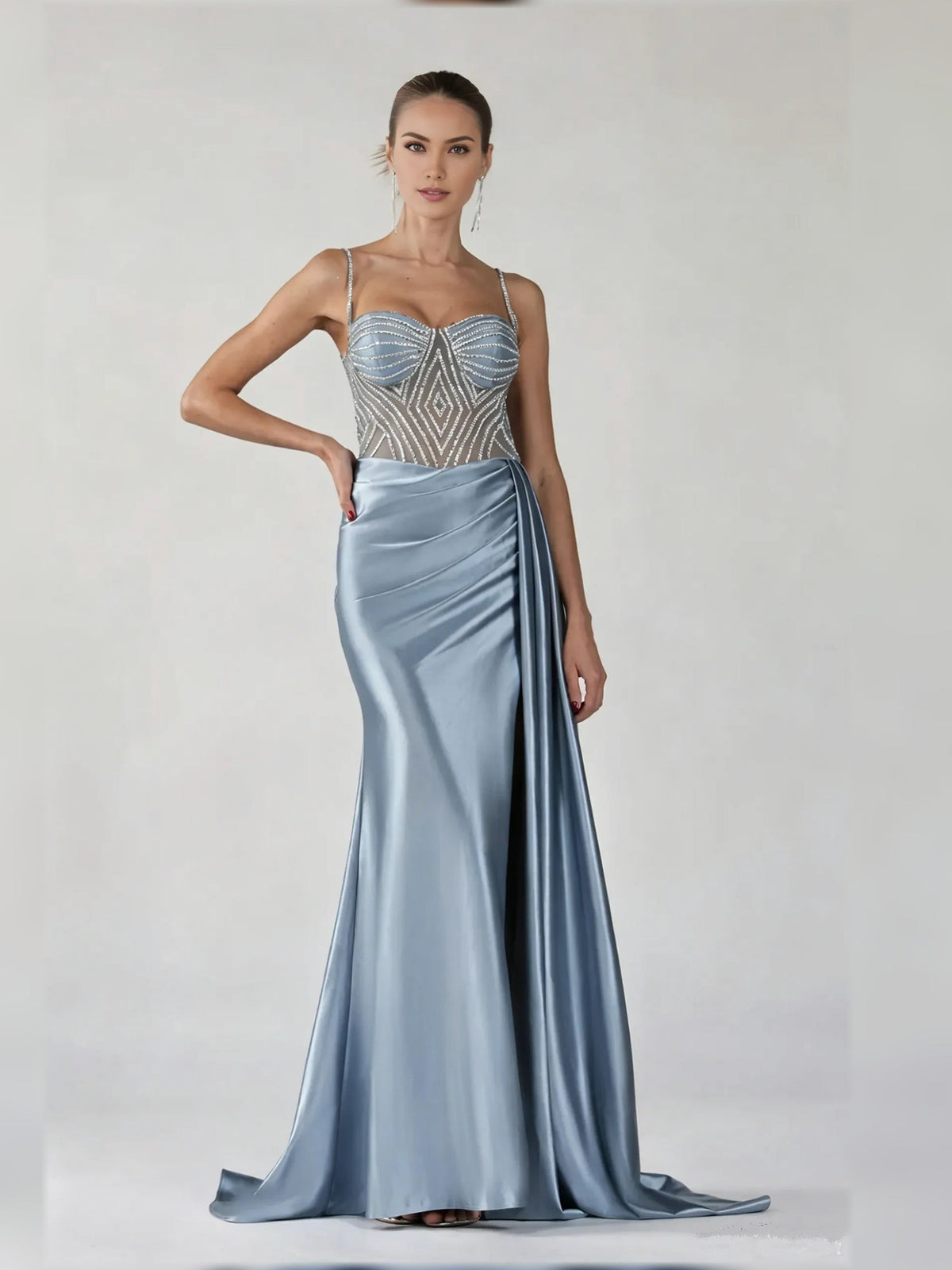 Powder blue satin formal dress with sweetheart bodice, spaghetti straps, and side slit