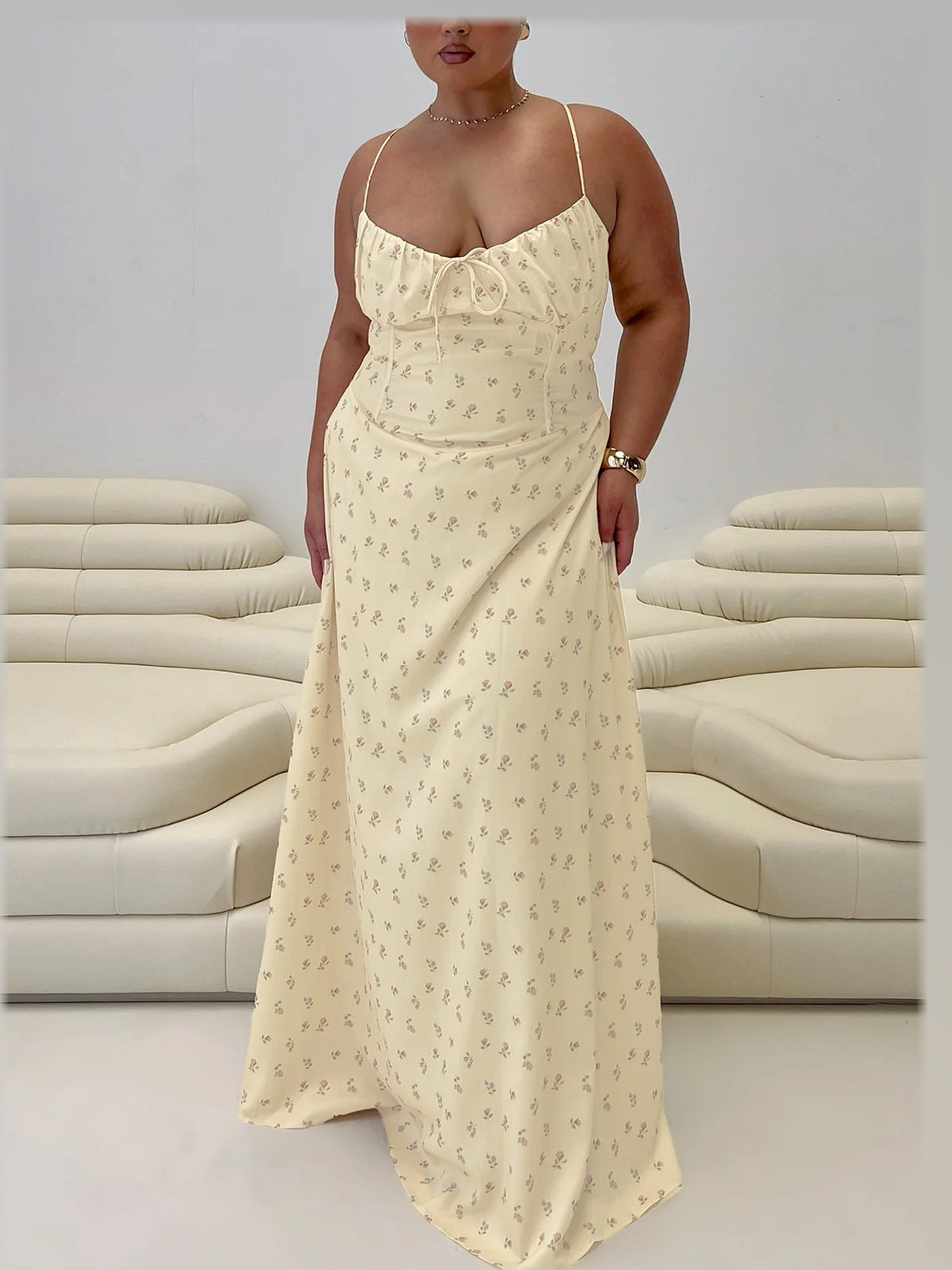 Yellow Floral formal dress with a-line silhouette and maxi length