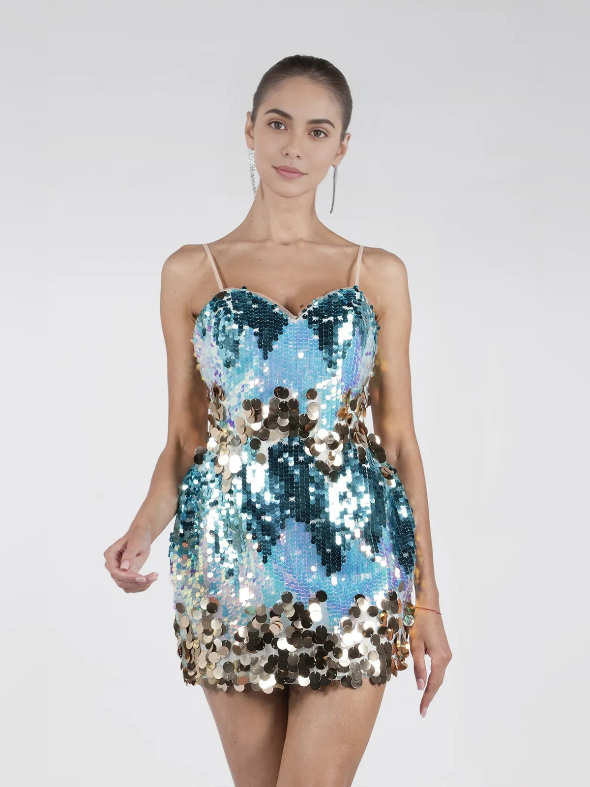 Turquoise sequin mini dress with sweetheart neckline, spaghetti straps, bodycon fit