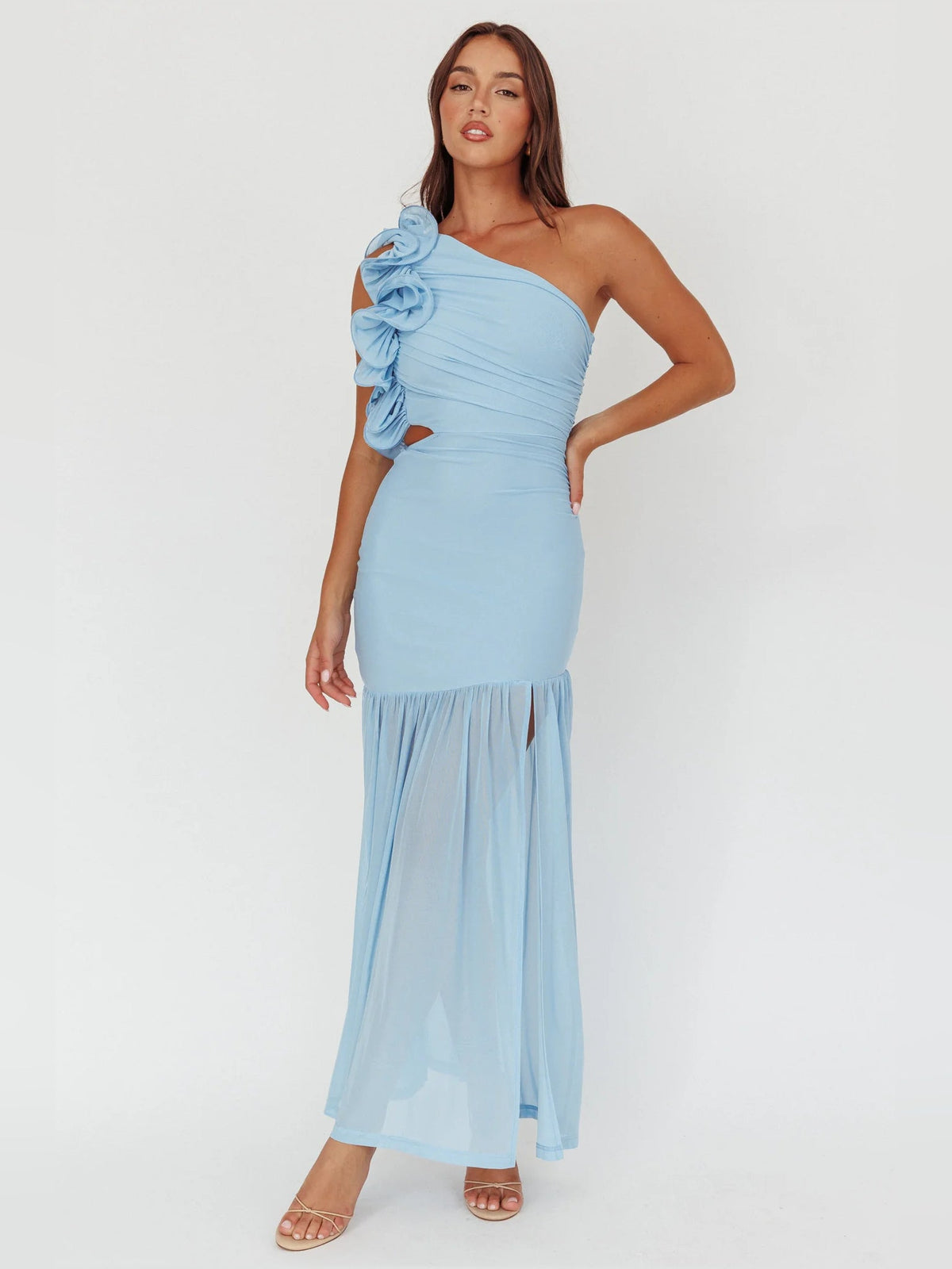 Light blue one-shoulder ruffle cutout maxi formal dress with tiered skirt and rosette