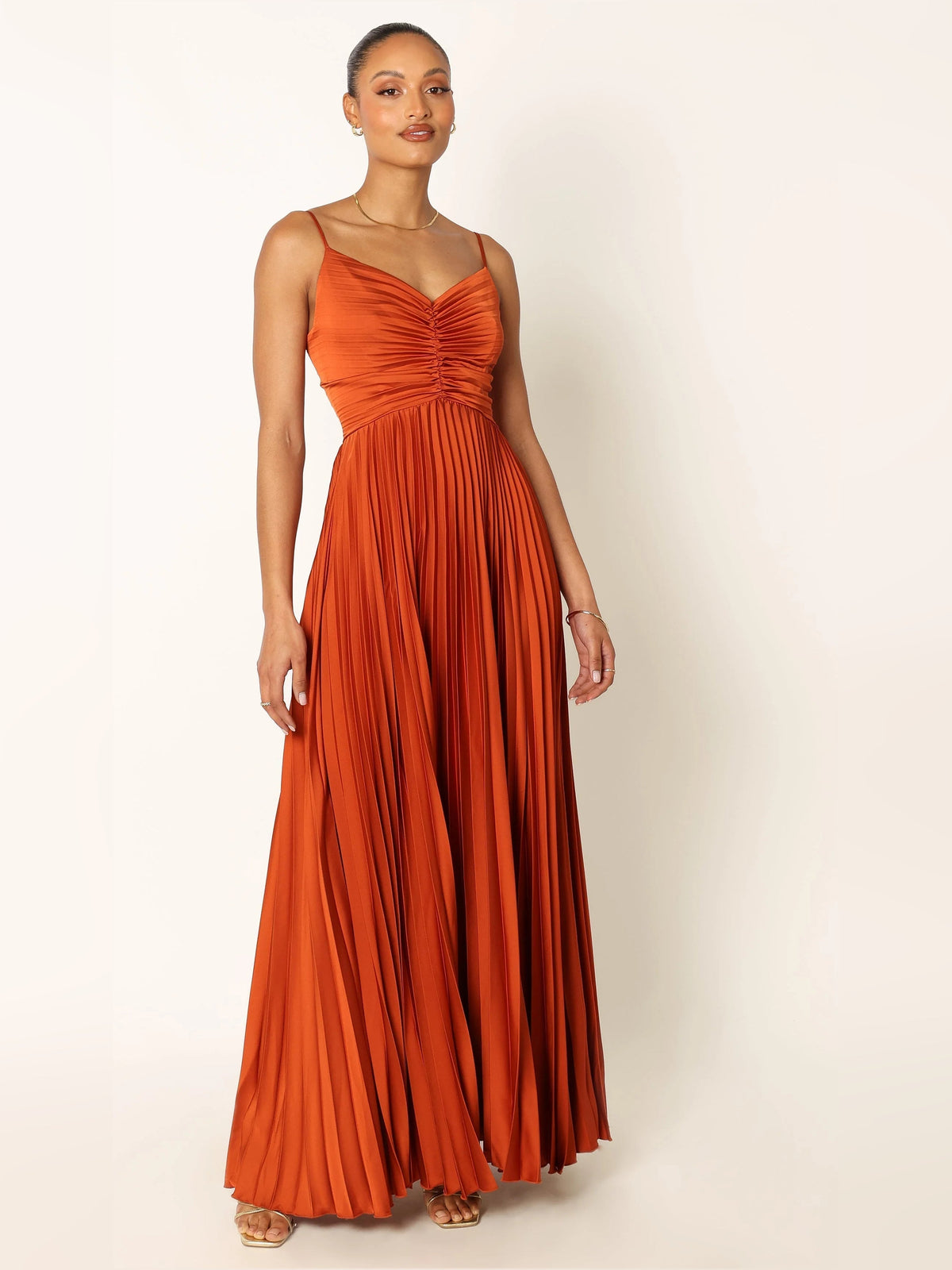 Orange V-neck spaghetti strap pleated maxi dress with ruched bodice