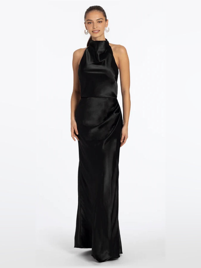 Black satin sheath floor-length formal dress with halter-style neckline