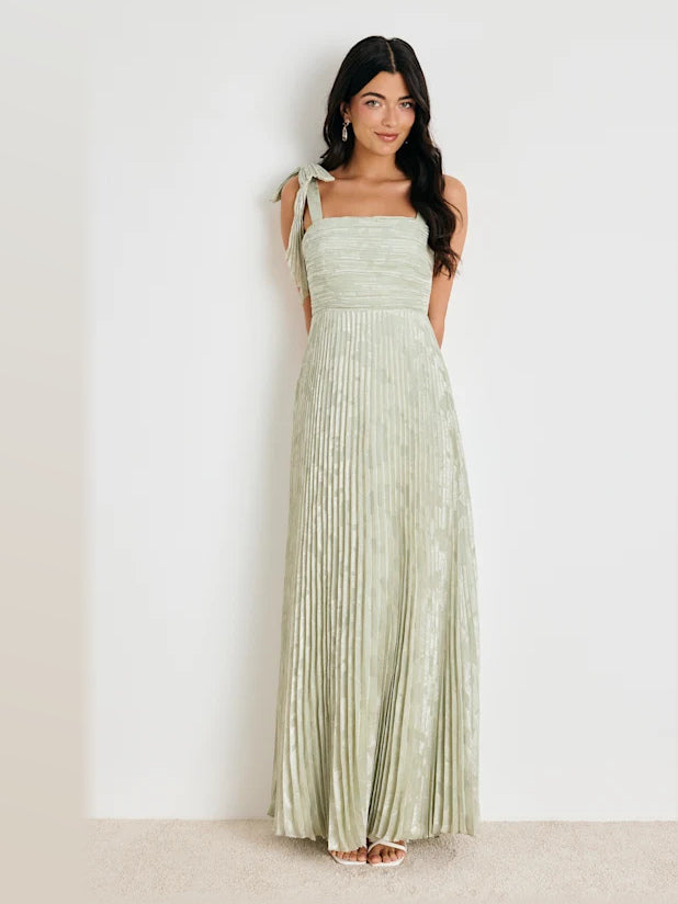 Red formal dress with a-line silhouette and maxi length