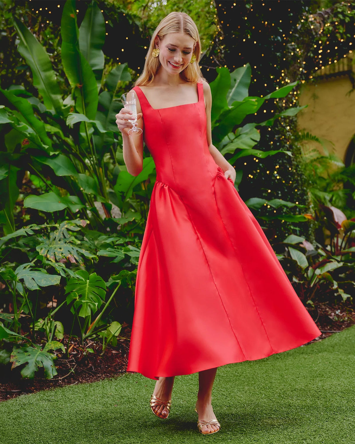 Coral red midi fit-and-flare dress with square neckline and thin straps