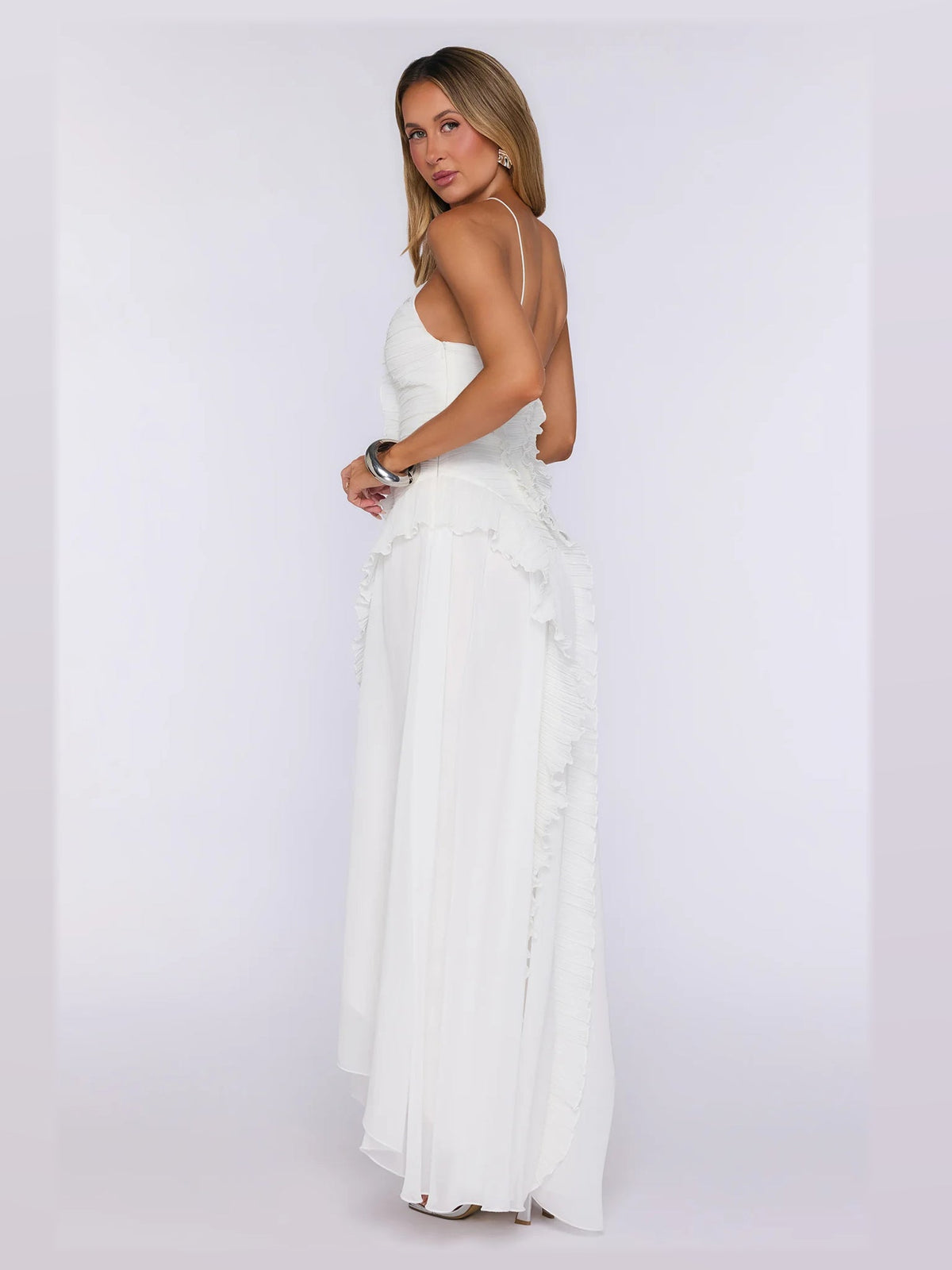 Peach formal dress with a-line silhouette and maxi length