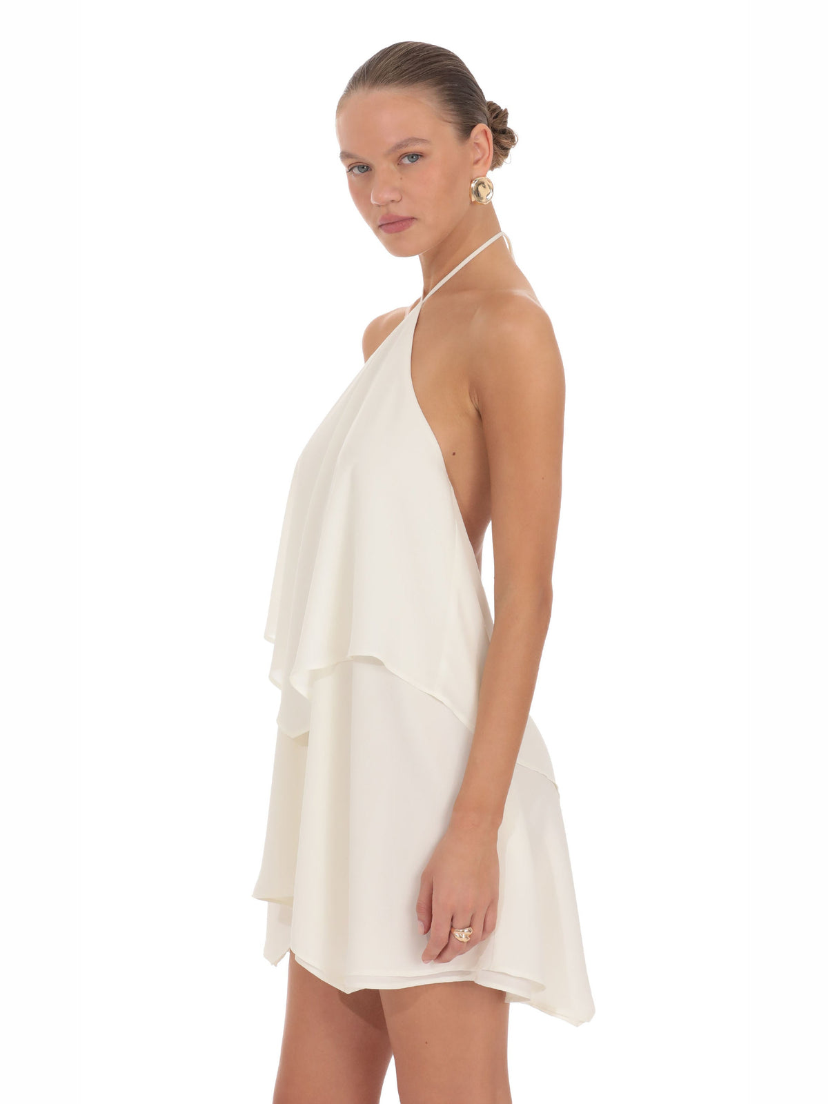 Ivory homecoming dress with a-line silhouette and mini length