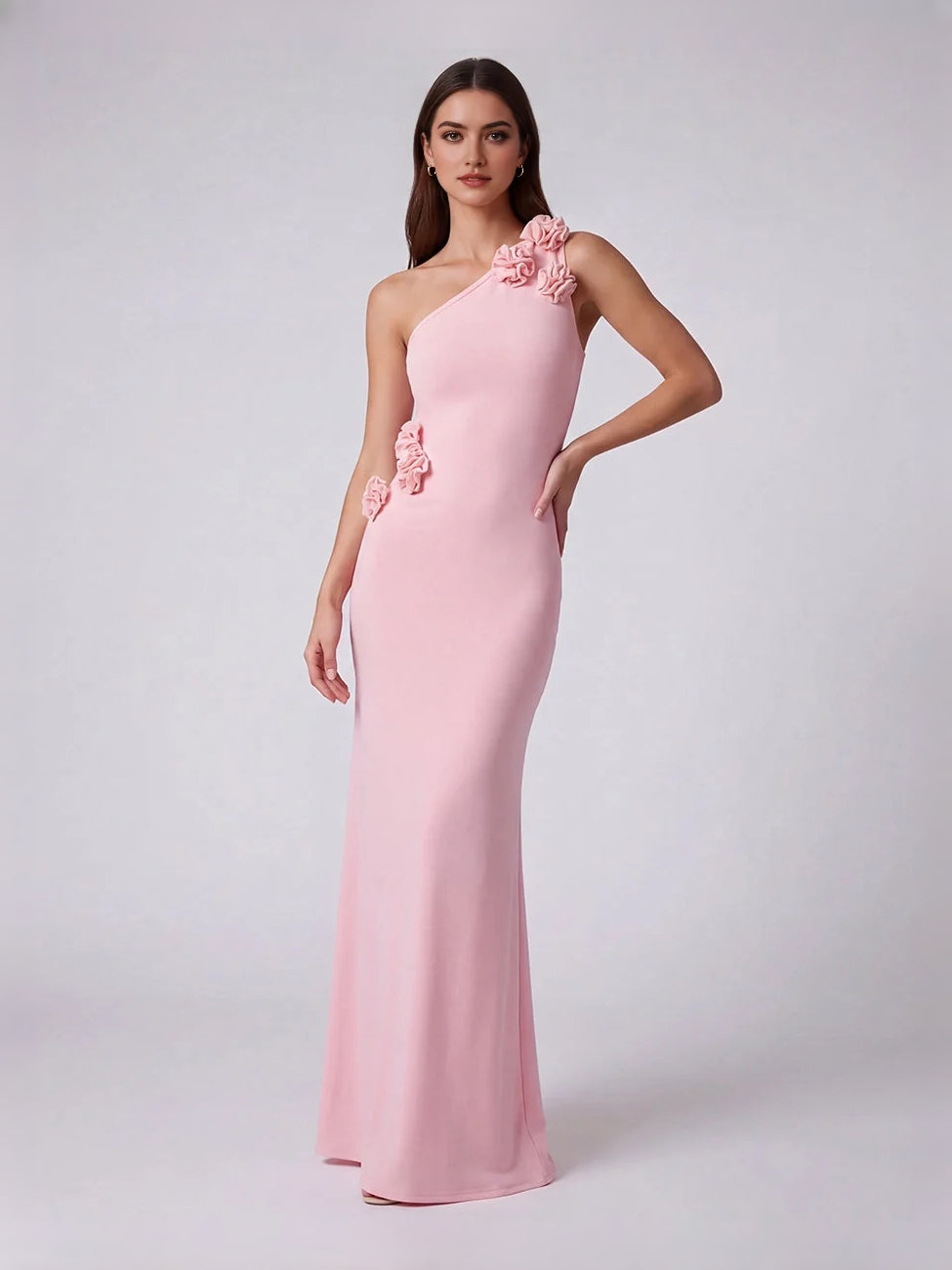 Pink one-shoulder mermaid bridesmaid dress with floral cut-out appliques