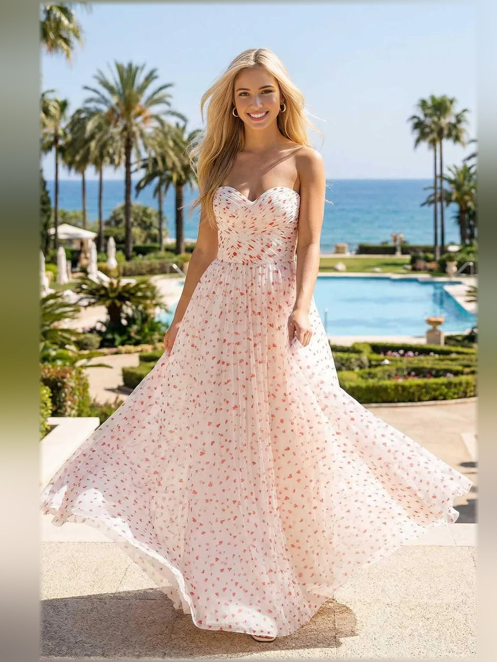 Sweetheart ruching midi formal dress, white with red floral print, spaghetti straps