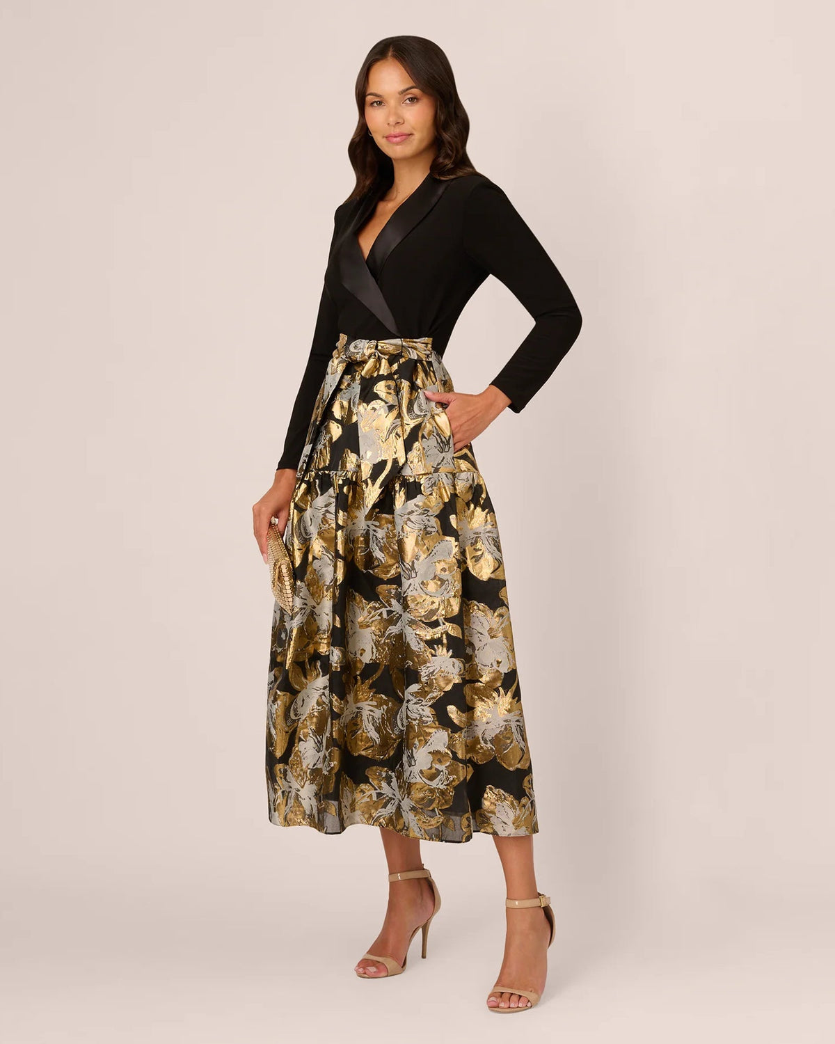 A-line maxi dress with black long-sleeve V-neck bodice and gold-and-white floral skirt