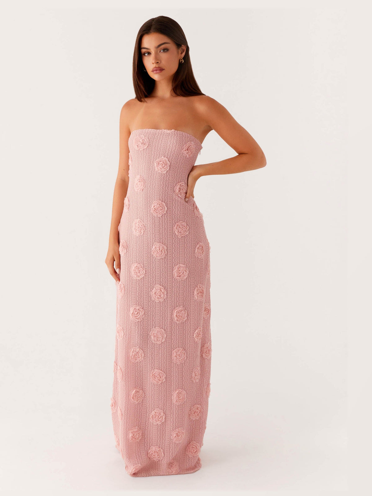 Pink maxi formal dress, front full-length view showing the neckline