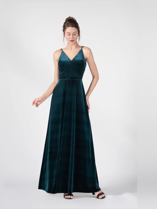 Dark green satin A-line formal dress with V-neck and open back, floor-length
