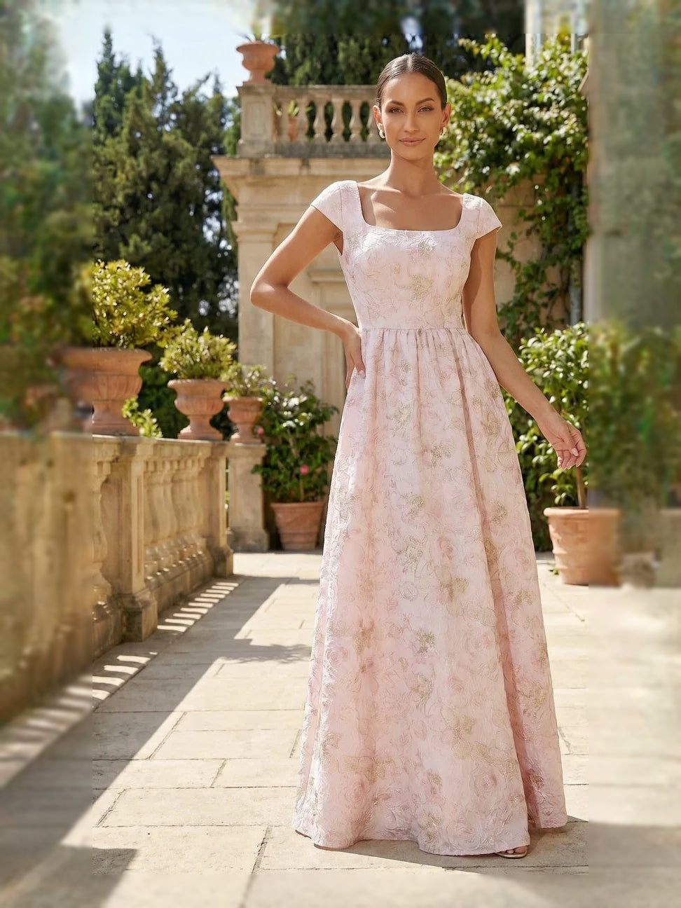 Blush pink floral square-neck A-line floor-length mother of the bride dress, cap sleeves