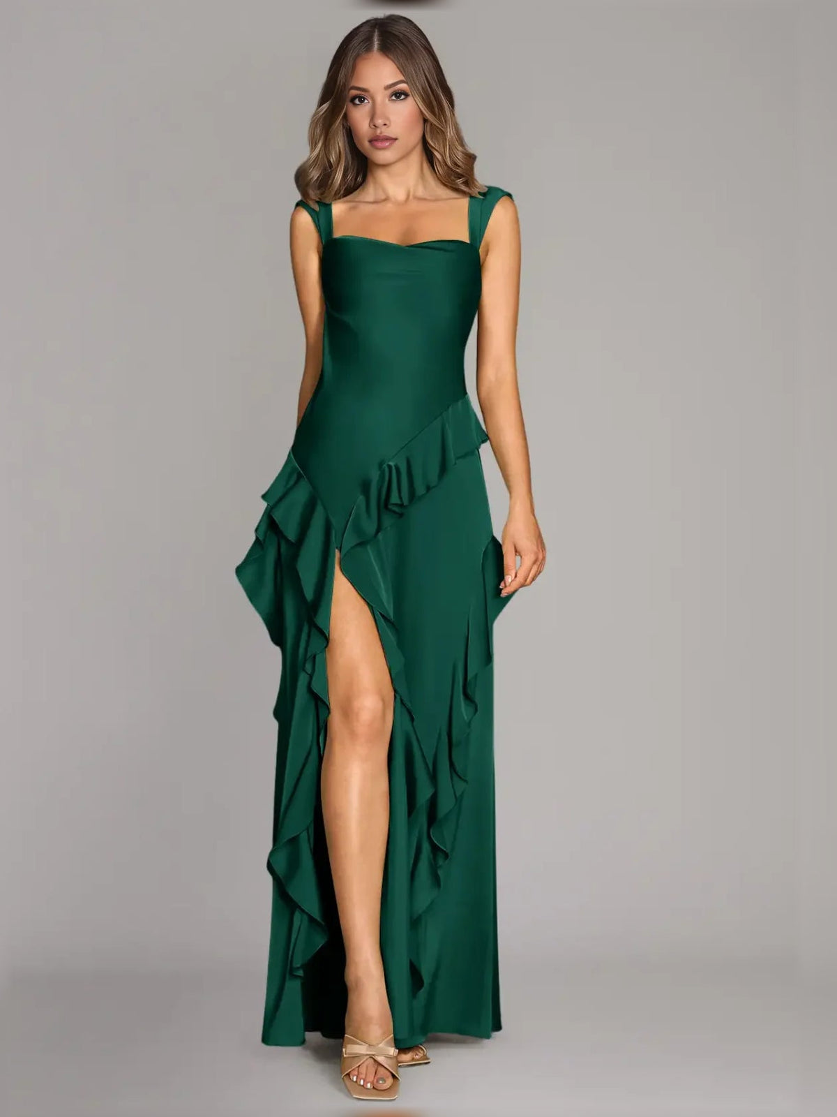 Dark green ruffled square-neck satin A-line maxi dress, front slit and draped skirt