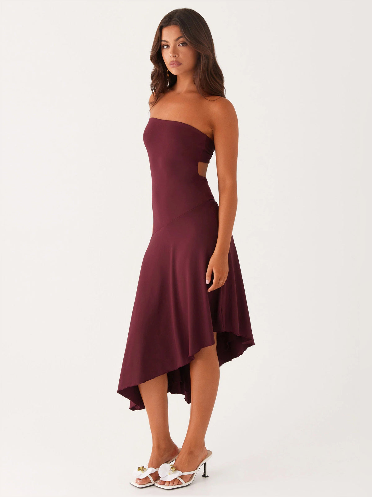 Mulberry midi formal dress, strapless sweetheart neckline, asymmetrical handkerchief hem