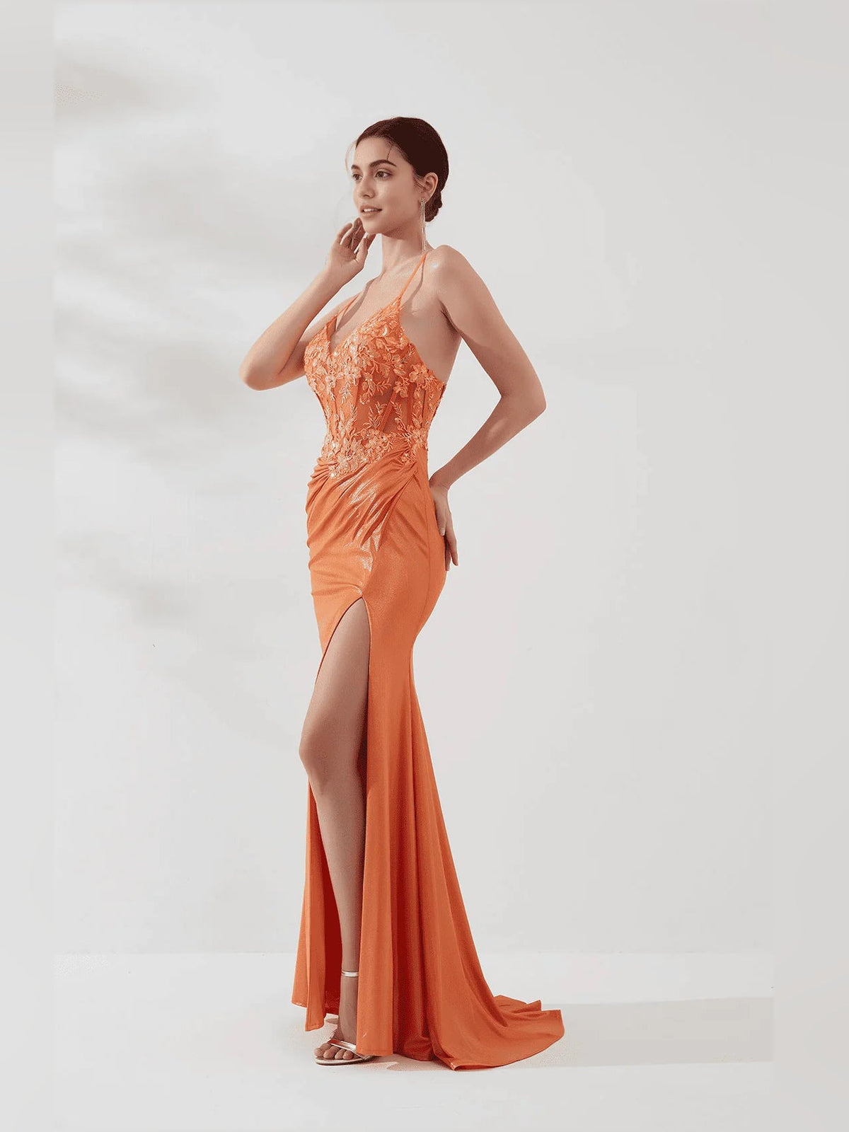 Orange corset bodice floral-embroidered V-neck mermaid prom dress with front slit