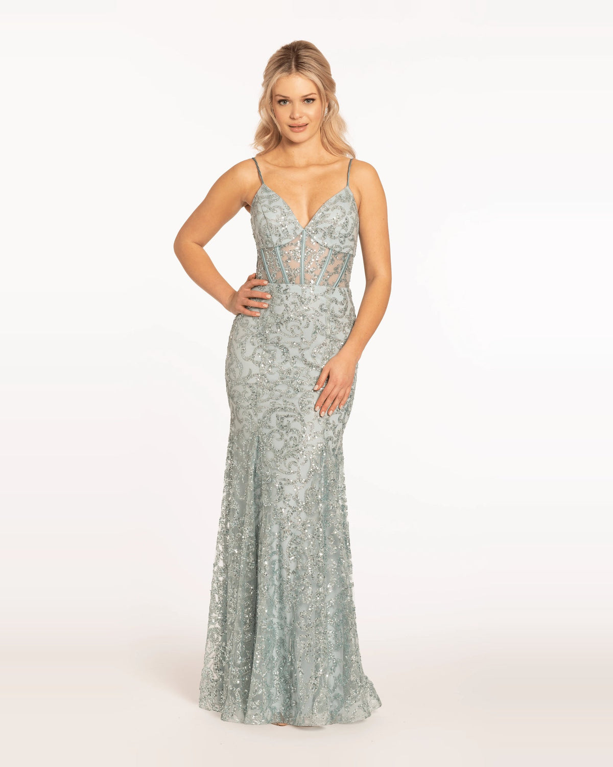 Sage sequin corset maxi prom dress, sweetheart neckline and spaghetti straps