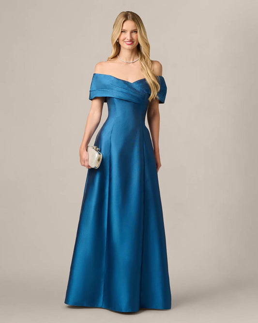 Teal blue A-line maxi mother-of-the-bride dress with off-shoulder drape bodice