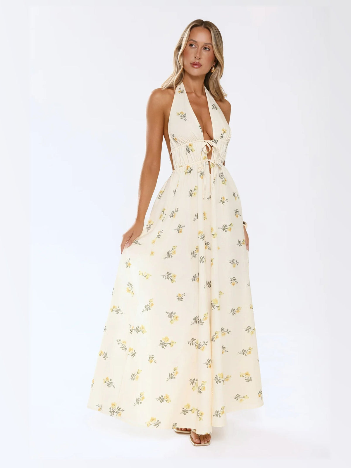 Yellow maxi formal dress, front full-length view showing the neckline