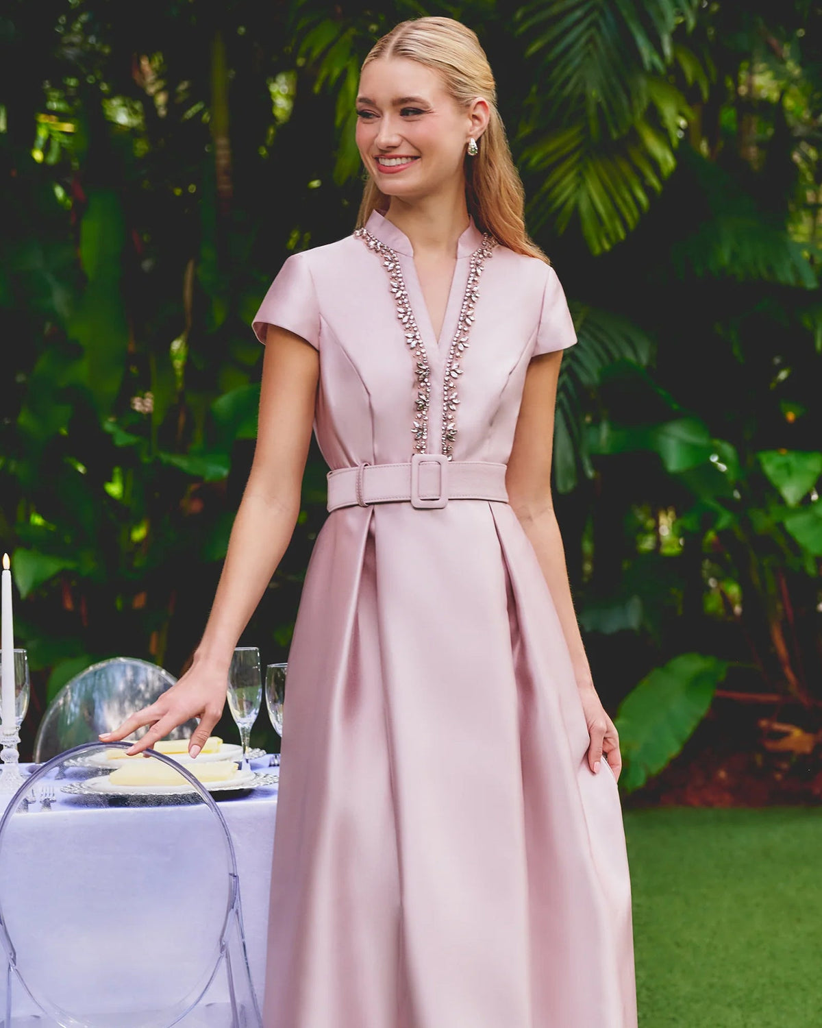 Blush pink cap-sleeve A-line maxi dress with jeweled V-neck and satin belt