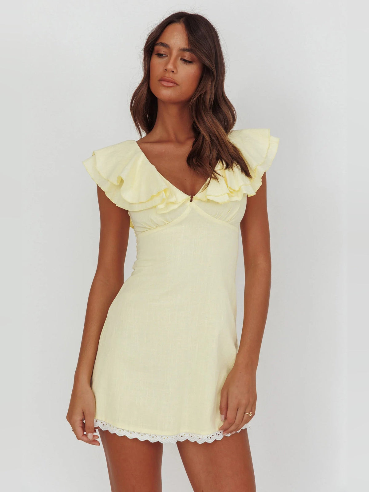 Butter layered ruffled mini dress with cap sleeves and lace-trim hem
