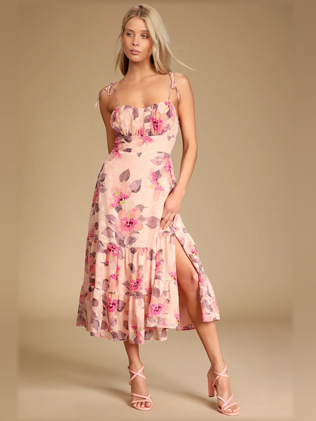 Pink floral tiered midi dress with tie shoulder straps and gathered bodice
