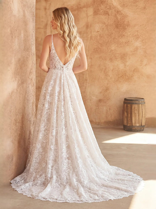 Ivory embroidered floral V-neck A-line tulle wedding dress, full back view