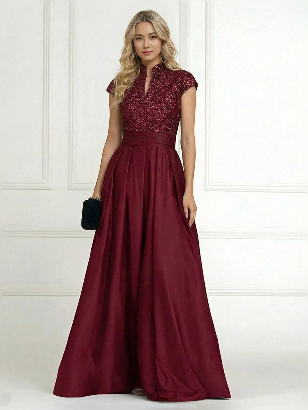 Burgundy pleated sequin high-neck A-line satin mother-of-the-bride gown, floor length