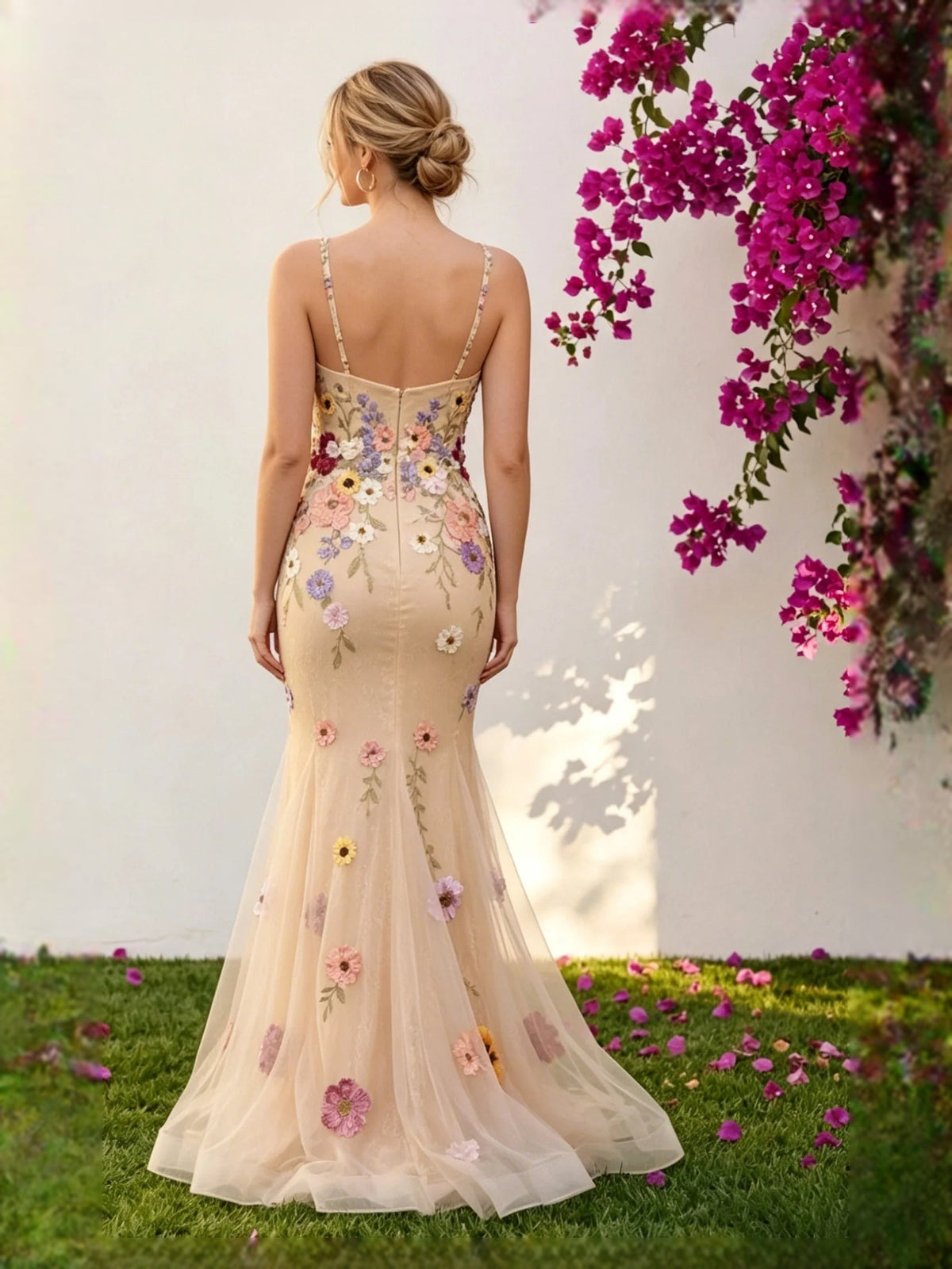 Ivory tulle mermaid wedding dress, low back V-neck, floral appliques on bodice and skirt