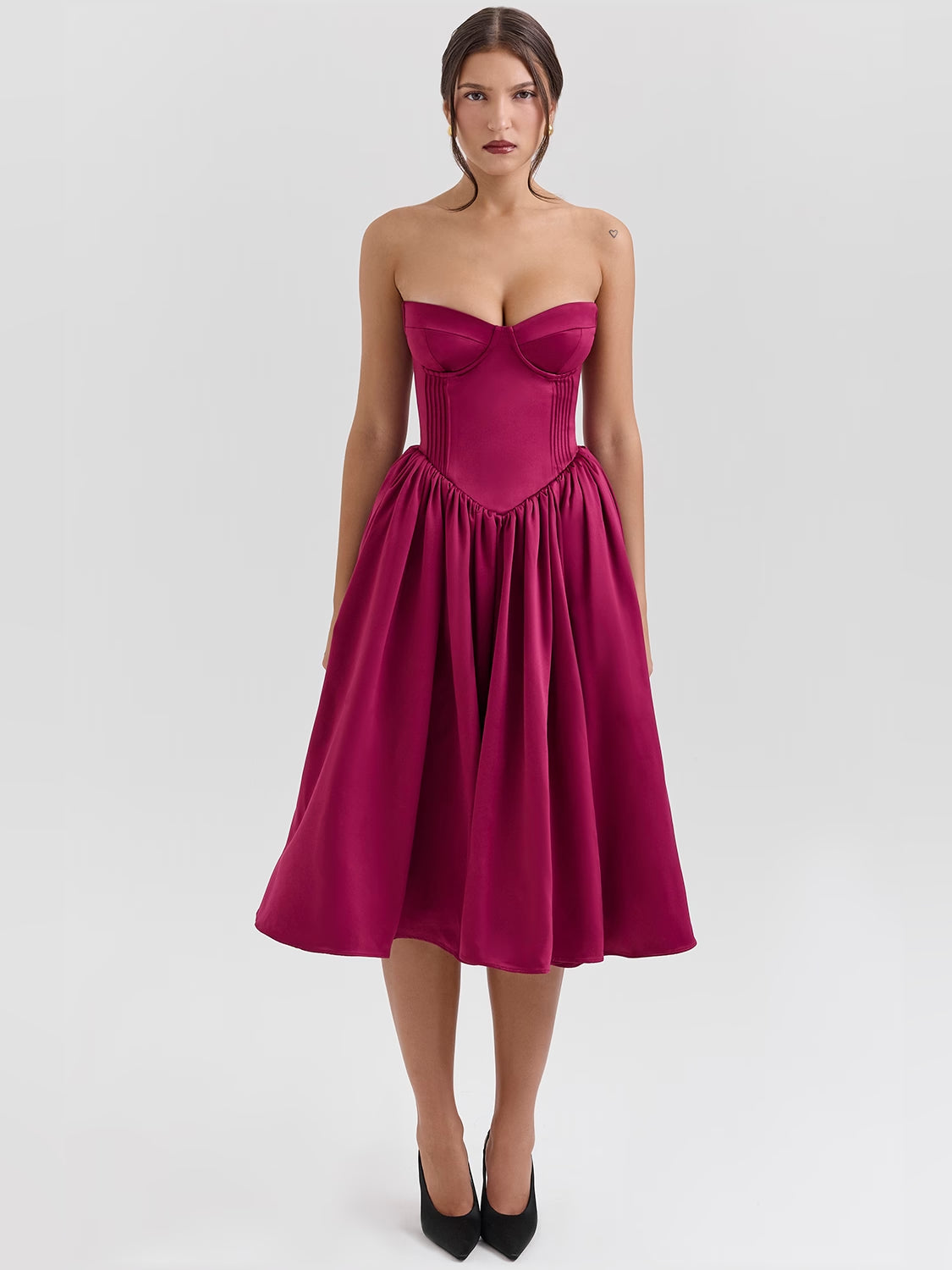 Fuchsia satin tulle midi formal dress with sweetheart bodice and gathered skirt