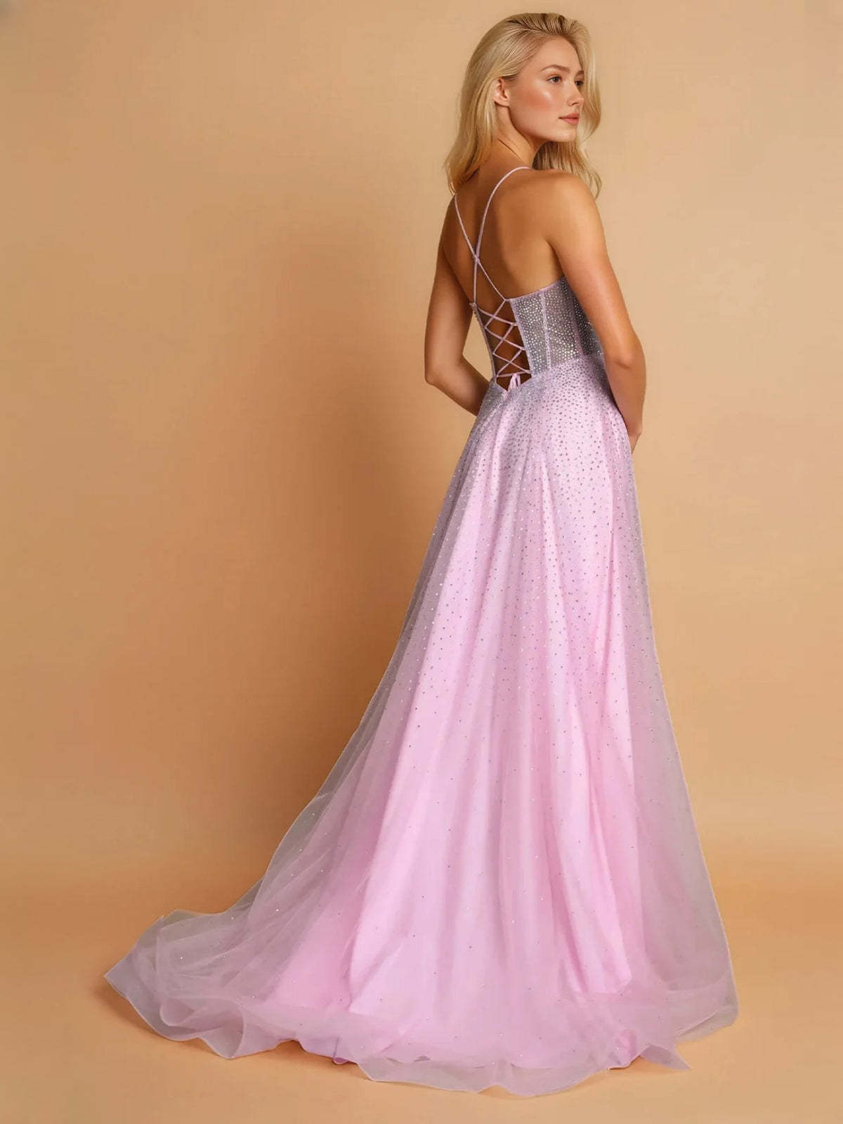 Light pink sweetheart corset A-line maxi dress with spaghetti straps and front slit