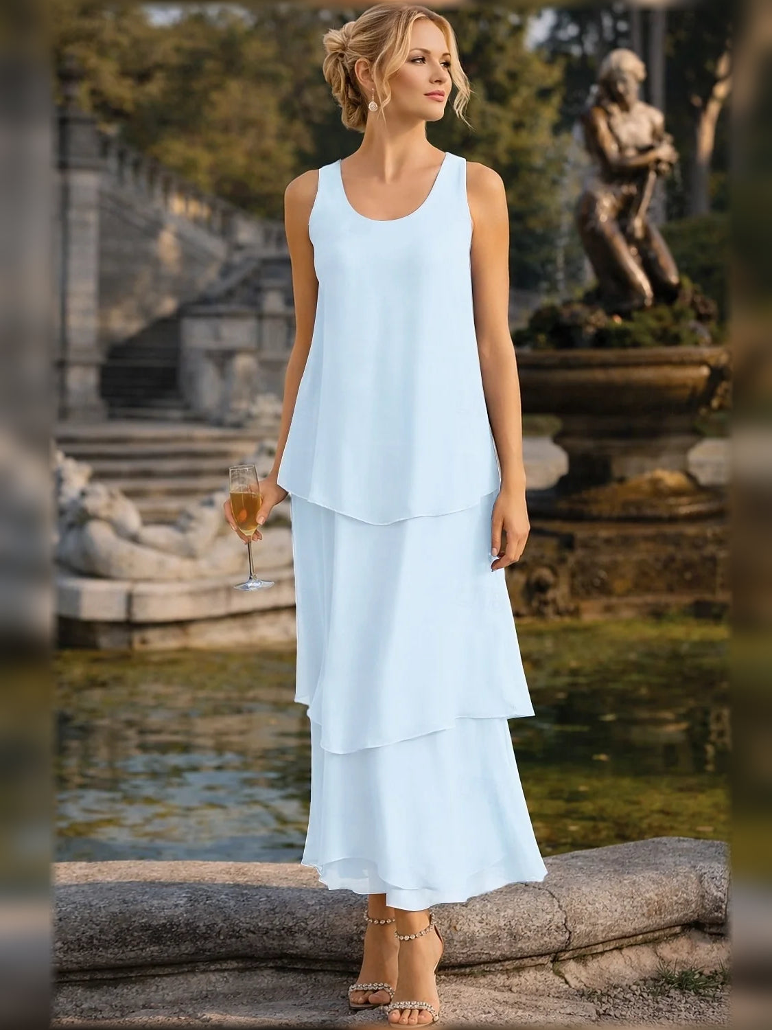 Light blue tiered chiffon maxi dress, scoop neck, sleeveless A-line