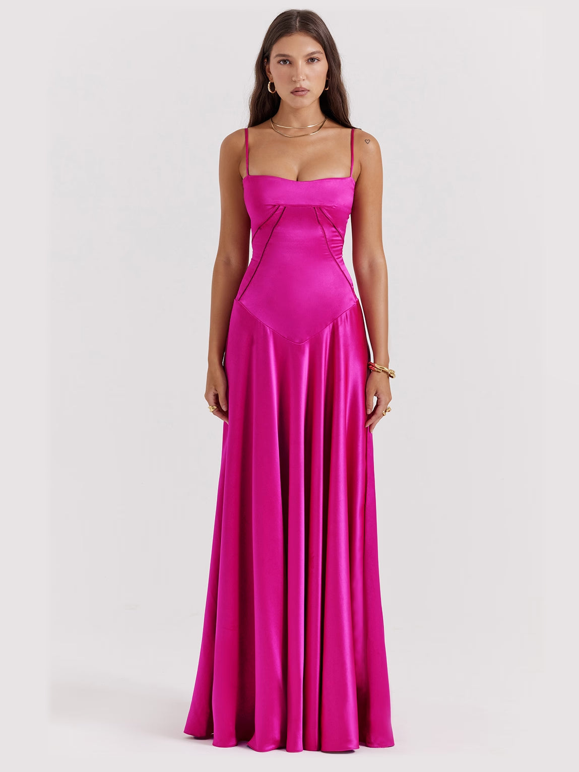 Fuchsia maxi formal dress, front full-length view showing the neckline