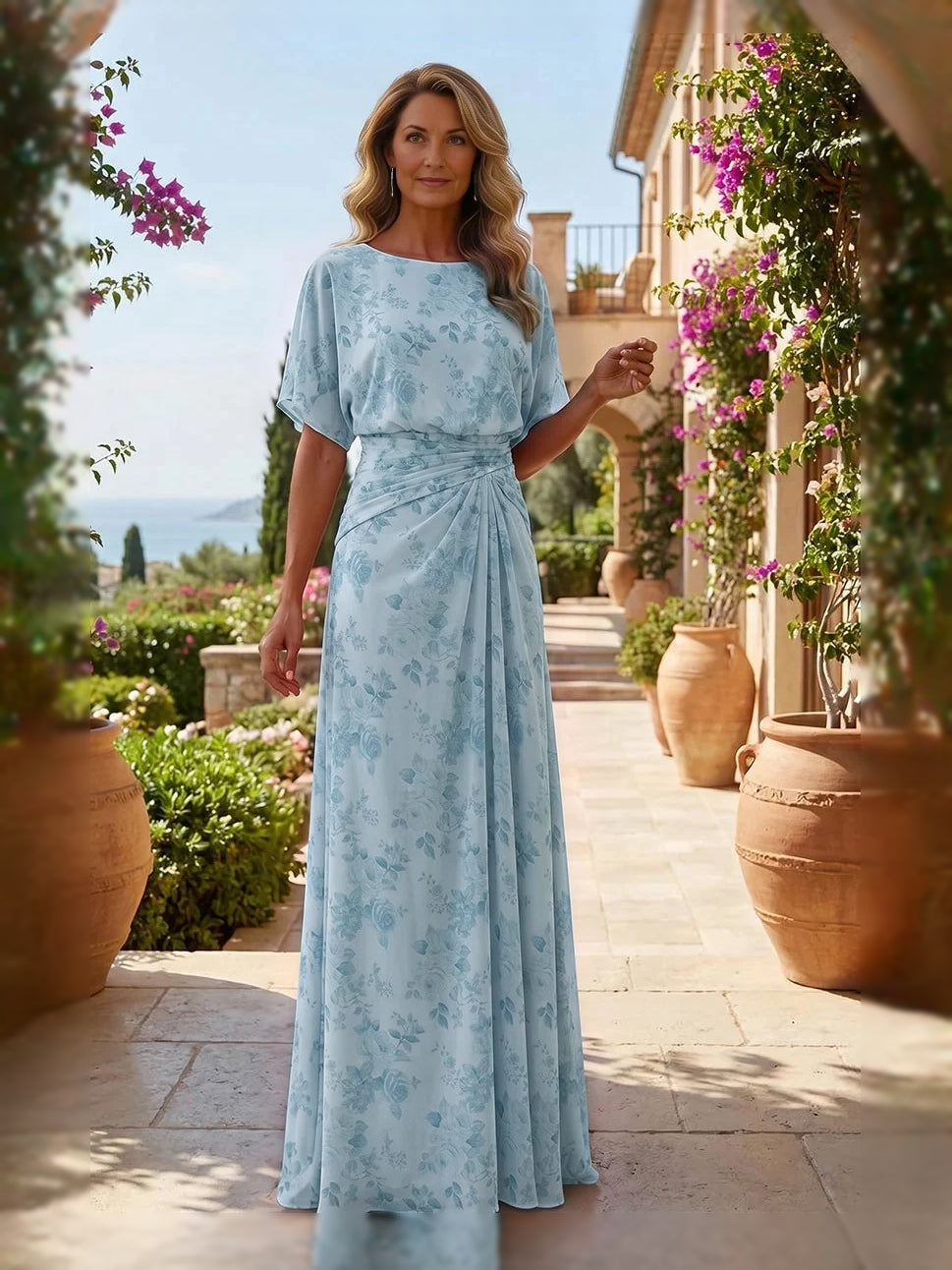 Sky blue floral chiffon A-line dress with draped waist and short sleeves