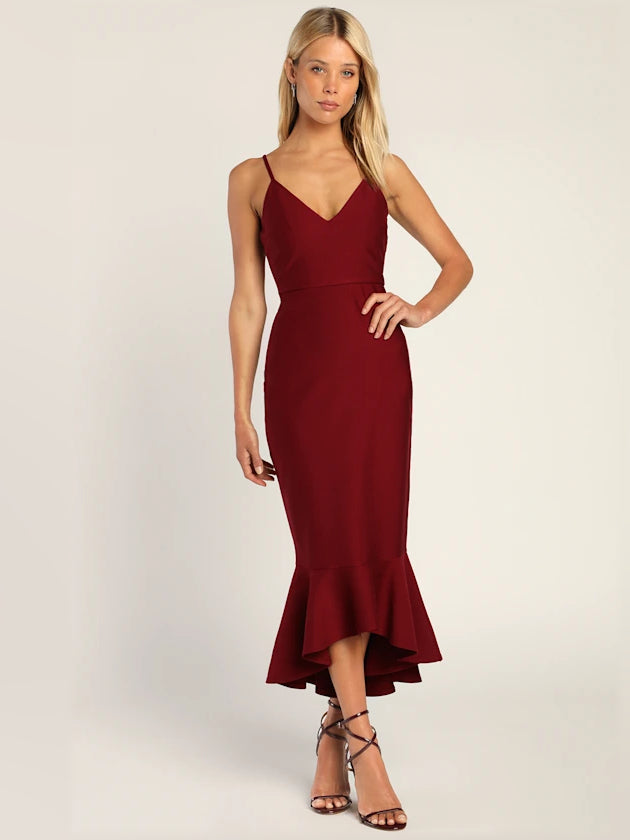 Wine red bodycon midi formal dress with V-neck and trumpet hem, spaghetti straps.