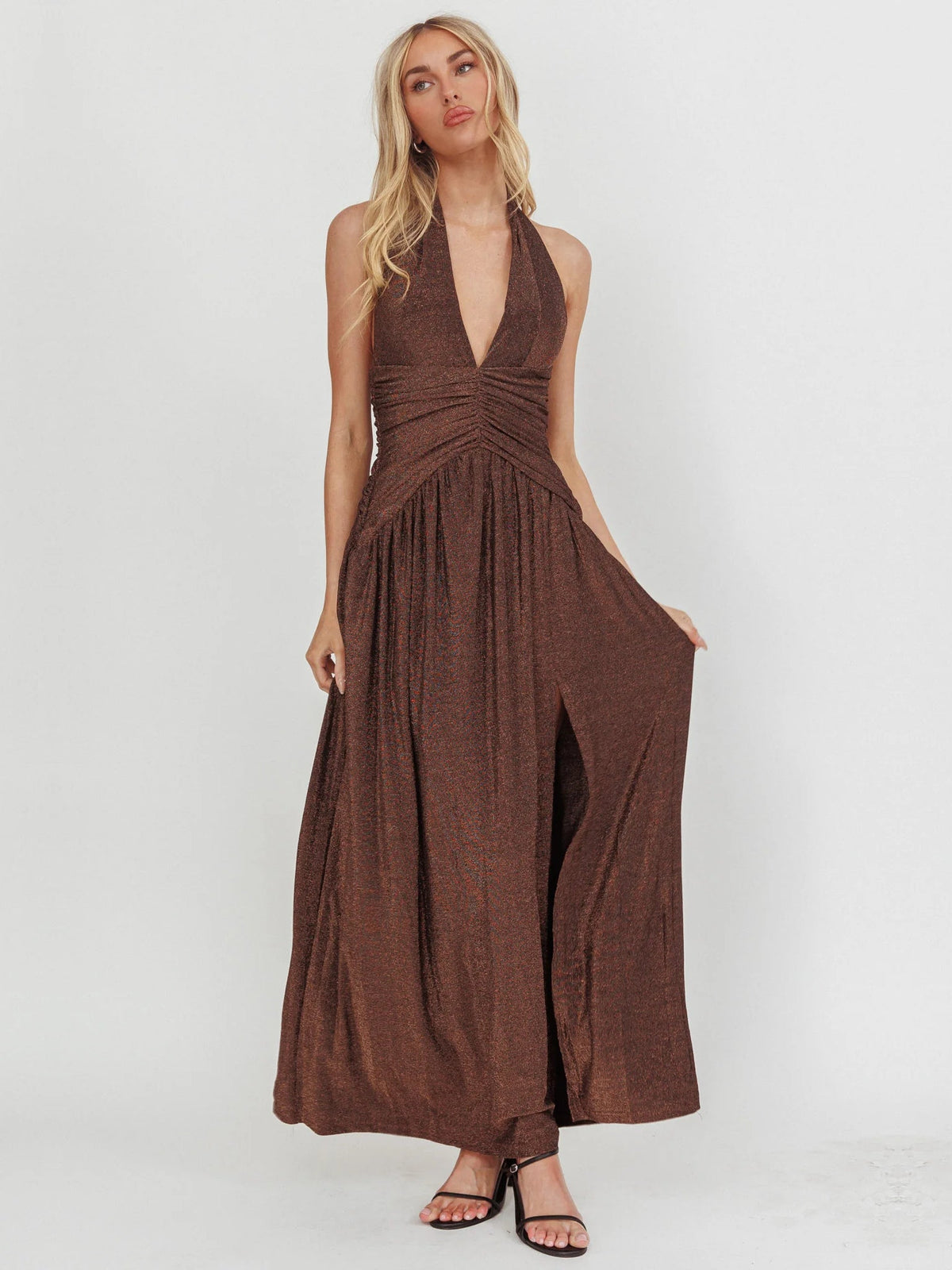 Chocolate a-line maxi formal dress with halter neckline, full-length front view