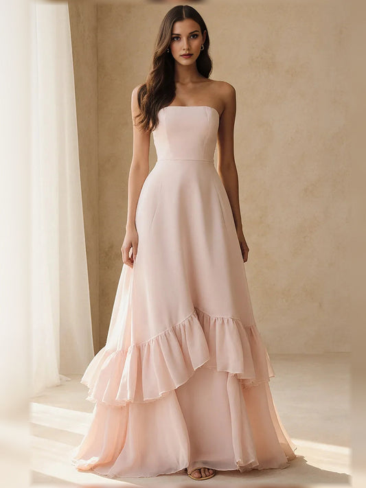 Strapless tiered ruffle A-line formal dress in light pink chiffon, front view