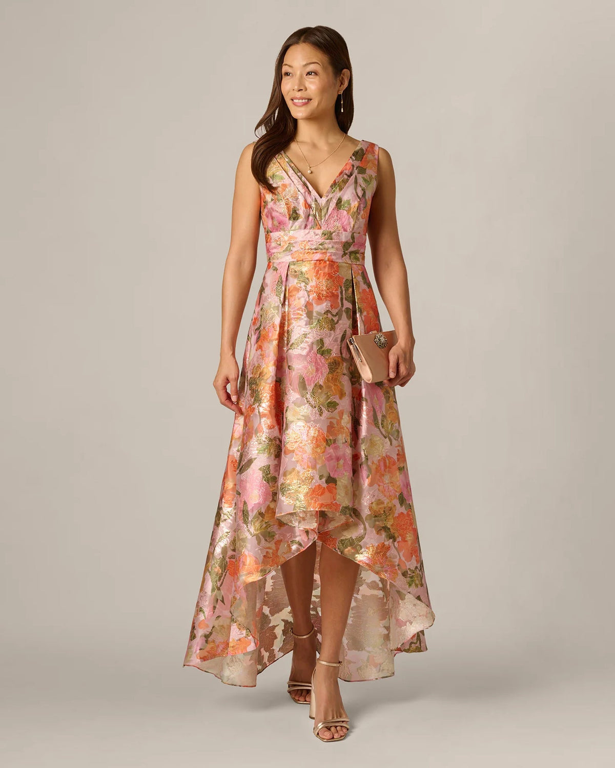 Multicolor floral A-line maxi dress with V-neck and sleeveless bodice, asymmetrical hem