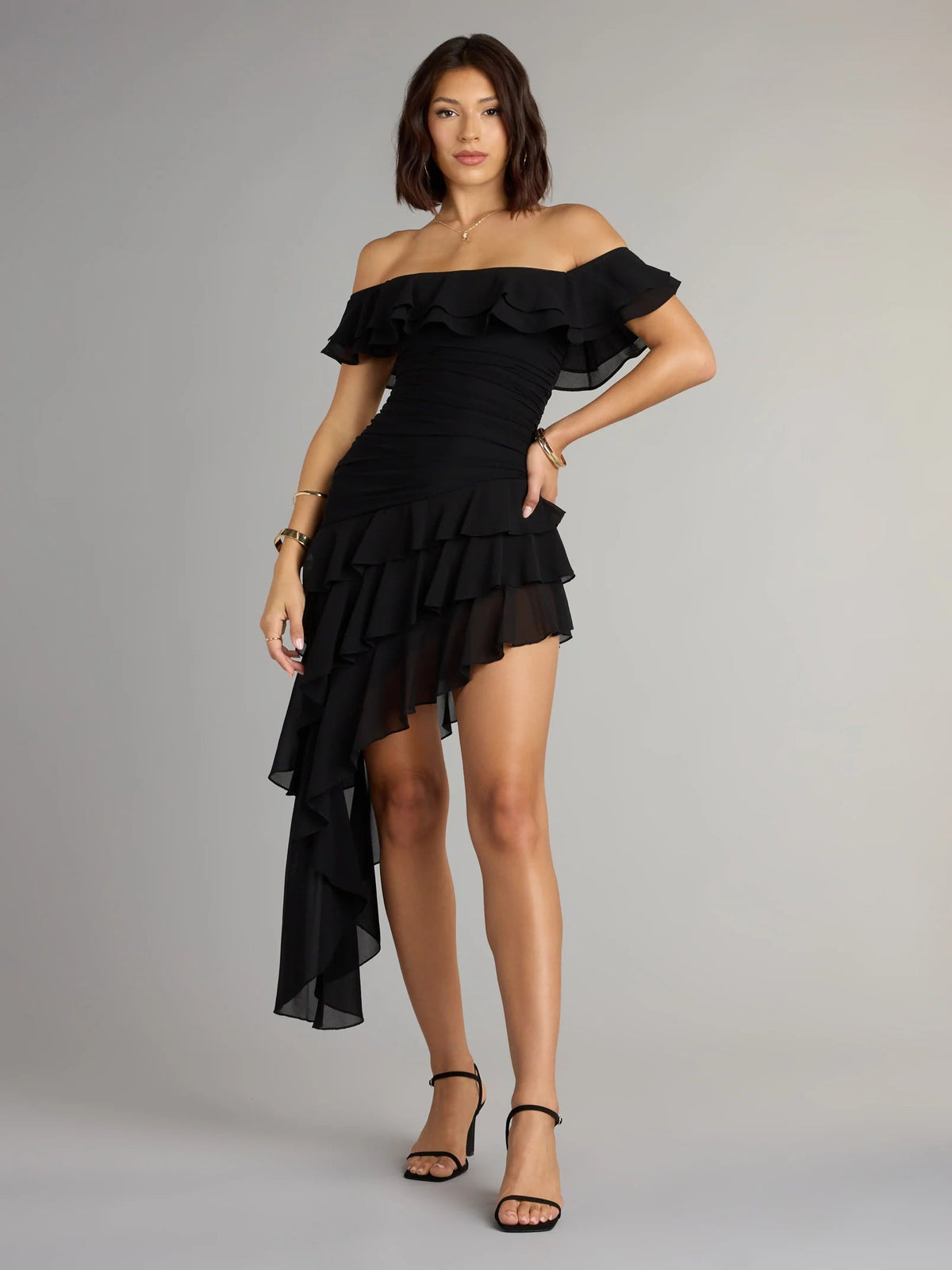 Black off-shoulder ruffled mini chiffon homecoming dress with layered tiers