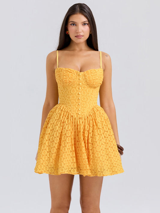 Apricot corset mini dress, sweetheart neckline, thin straps, textured lace-like pattern