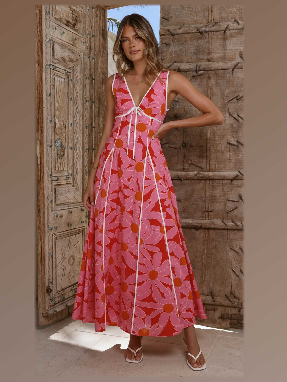 Pink Red Floral maxi formal dress, front full-length view showing the neckline