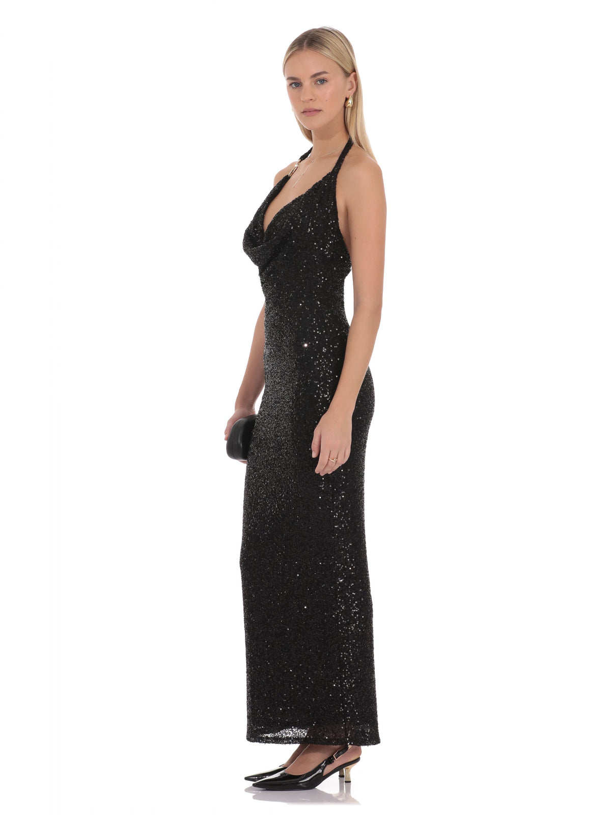 Black bridesmaid dress with a-line silhouette and maxi length